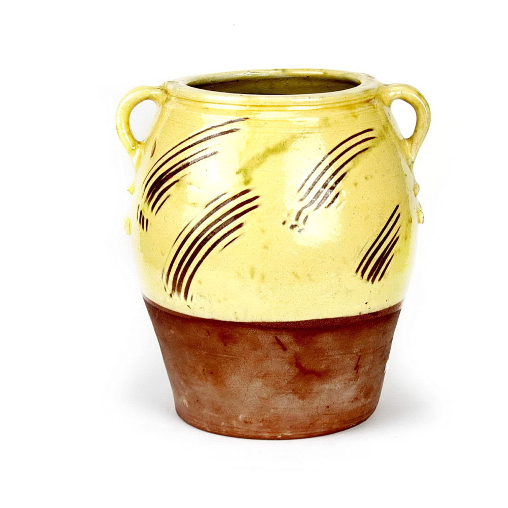 William Marshall large earthenware pot with 2 handles. Yellow glaze to the top of the pot with sgrafitto marks through glaze